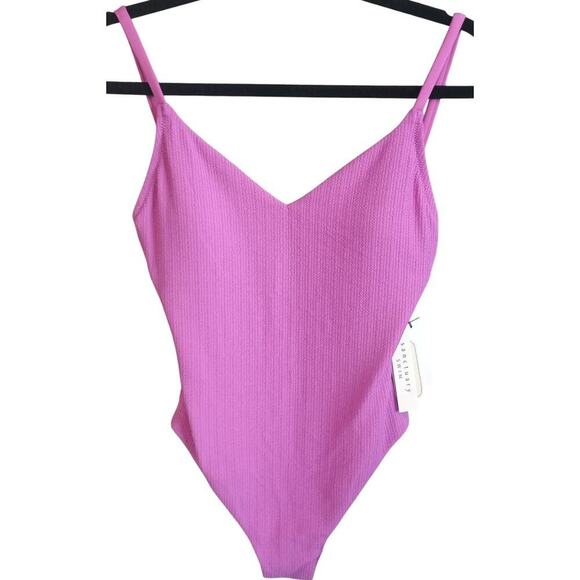 Sanctuary Swim High Leg Scoop One Piece Ribbed Swimsuit color Fuchsia size Small - Picture 3 of 11